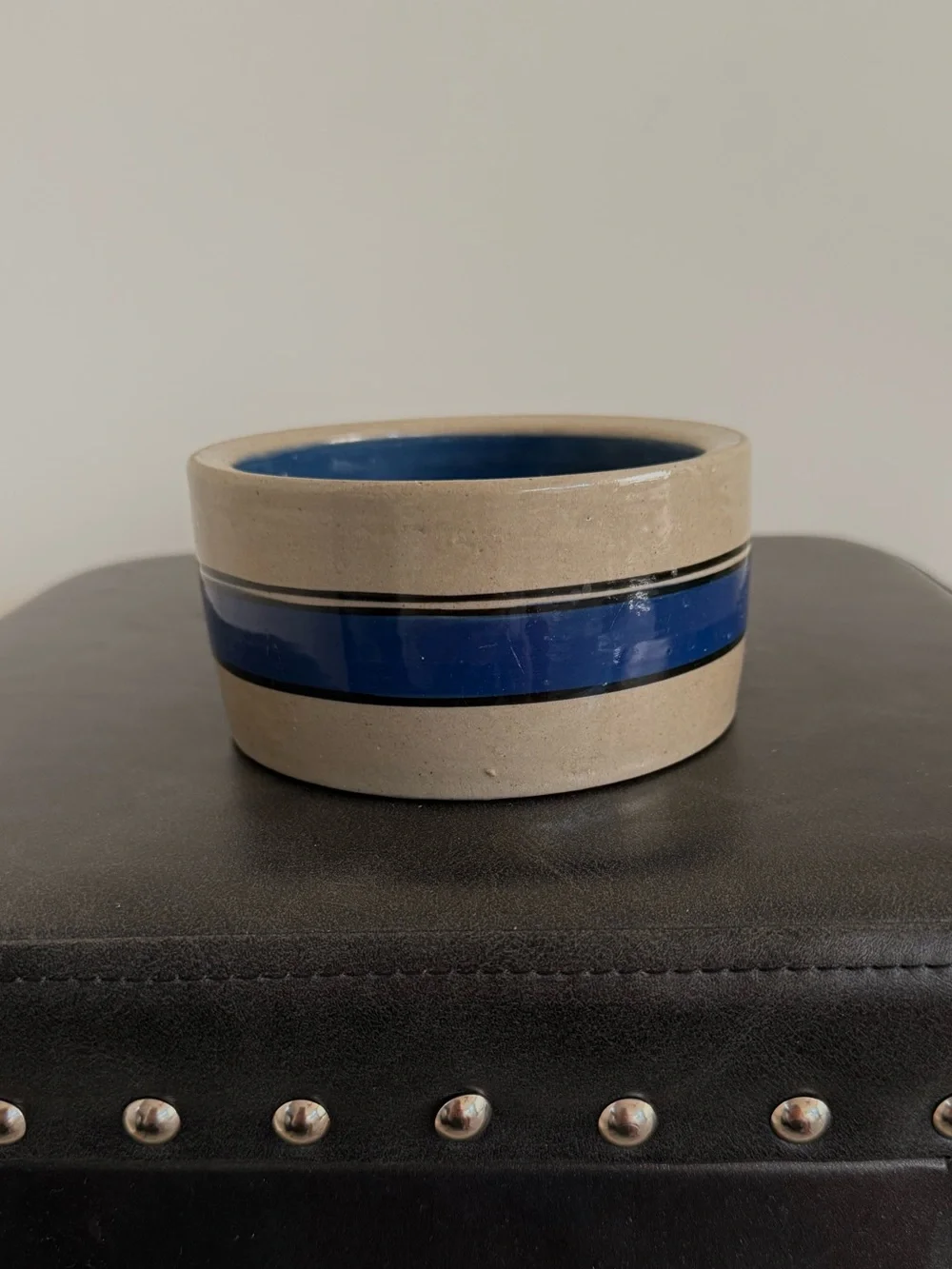 Vintage Bretby Pottery Stoneware Pet Bowl with Deep Blue Stripe